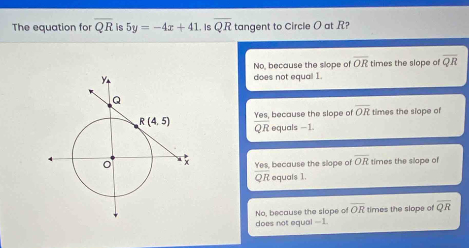 The equation for overline QR is 5y=-4x+41. Is overline QR tangent to Circle O at R?
No, because the slope of overline OR times the slope of overline QR
does not equal 1.
Yes, because the slope of overline OR times the slope of
overline QR equals -1.
times the slope of
Yes, because the slope of overline OR
overline QR equals 1.
No, because the slope of overline OR times the slope of overline QR
does not equal —1.