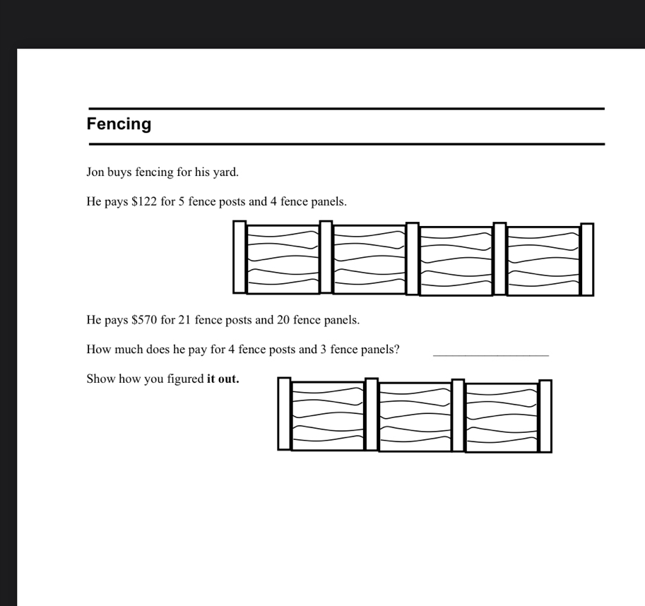 Solved: Fencing Jon buys fencing for his yard. He pays $122 for 5 fence ...