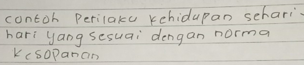 contoh Perilaku kehidupan schari 
hari yang sesuai dengan norma 
Kcsopanan