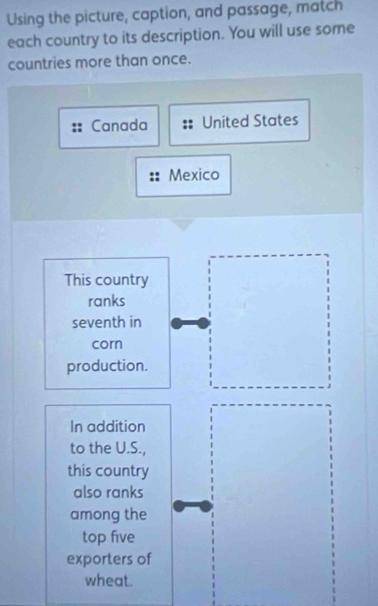 Using the picture, caption, and passage, match 
each country to its description. You will use some 
countries more than once. 
Canada United States 
Mexico 
This country 
ranks 
seventh in 
corn 
production. 
In addition 
to the U.S., 
this country 
also ranks 
among the 
top five 
exporters of 
wheat.