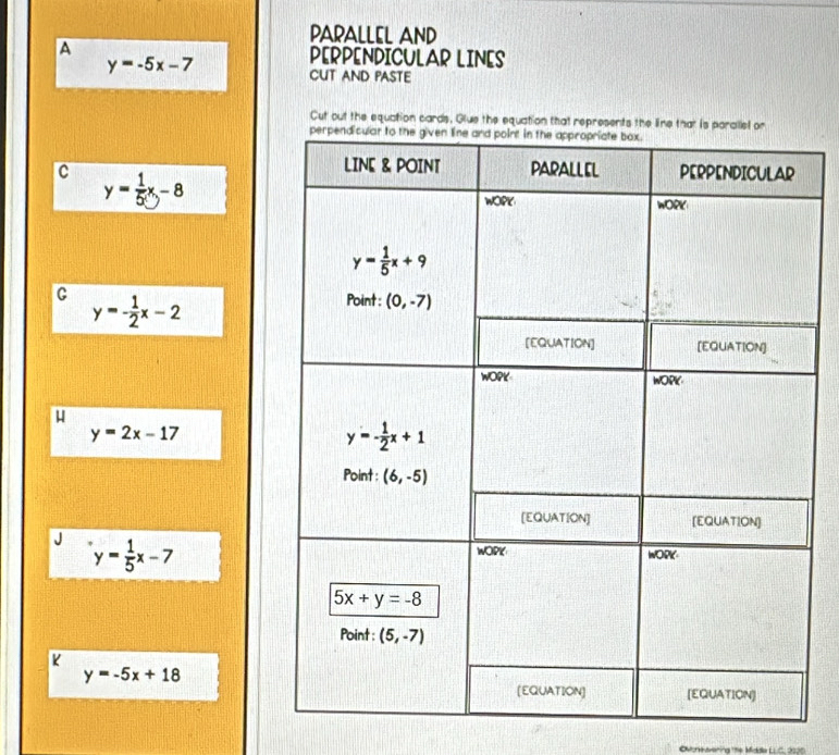 PARALLEL AND
A PERPENDICULAR LINES
y=-5x-7
CUT AND PASTE
Cut out the equation cards. Glue the equation that represents the line t
C y= 1/5 x-8
C y=- 1/2 x-2
H
y=2x-17
y= 1/5 x-7
K
y=-5x+18
Ovure vering the Middle LLC. 2120