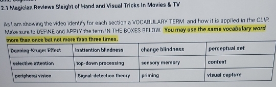 2.1 Magician Reviews Sleight of Hand and Visual Tricks In Movies & TV 
As I am showing the video identify for each section a VOCABULARY TERM and how it is applied in the CLIP 
Make sure to DEFINE and APPLY the term IN THE BOXES BELOW. You may use the same vocabulary word