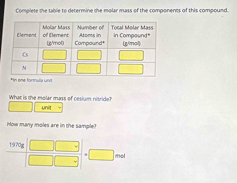 Complete the table to determine the molar mass of the components of this compound.
*In one formula unit
What is the molar mass of cesium nitride?
unit
How many moles are in the sample?
 1970g/□ □   □ □ /□  =□ mol