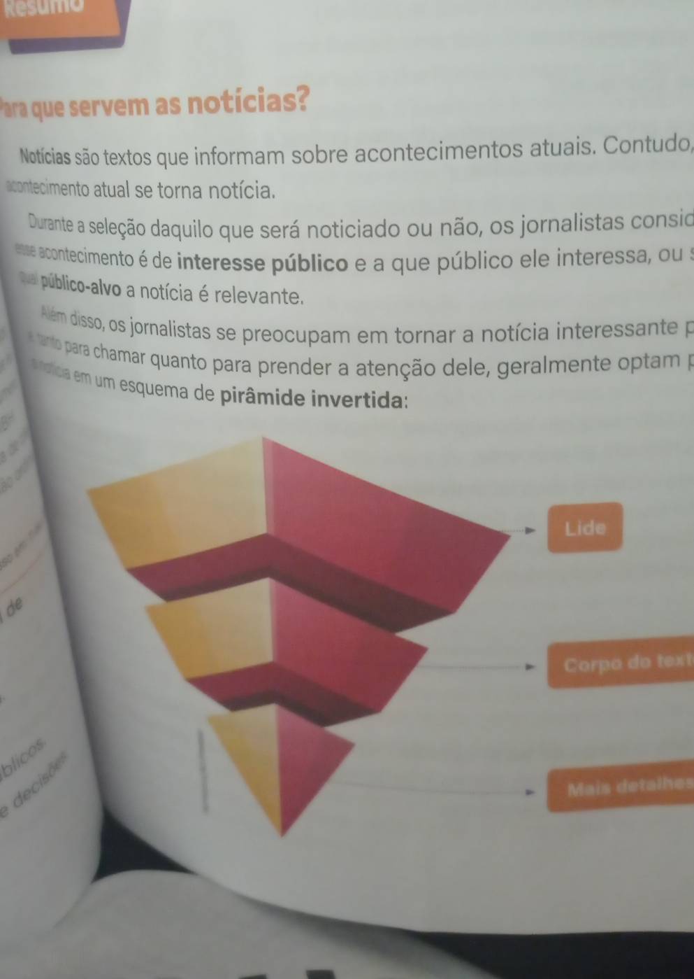 Resumo 
Para que servem as notícias? 
Notícias são textos que informam sobre acontecimentos atuais. Contudo, 
acontecimento atual se torna notícia. 
Durante a seleção daquilo que será noticiado ou não, os jornalistas consio 
esste acontecimento é de interesse público e a que público ele interessa, ou a 
Dal público-alvo a notícia é relevante. 
Além disso, os jornalistas se preocupam em tornar a notícia interessante p 
arto para chamar quanto para prender a atenção dele, geralmente optam p 
ronícia em um esquema de pirâmide invertida: 
a 
oand 

Lide 
de 
Corpo do text 
blicos 
decisõe 
Mais detalhes