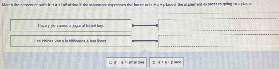 Match the sentences with ir + a +infinitive if the statement expresses the future orir +a + place if the statement expresses going to a place. 
Paco y yo vamos a jugar al fútbol hoy. 
Las chicas van a la biblioteca a leer libros. 
;; ir+a+ infinitive ;; ir+a+ place