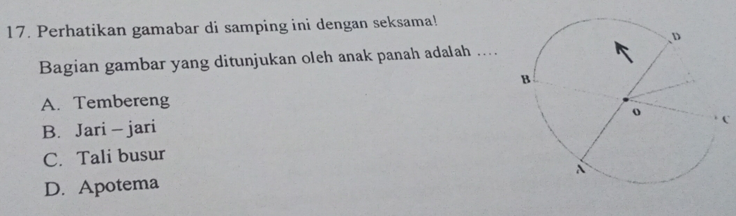 Perhatikan gamabar di samping ini dengan seksama!
Bagian gambar yang ditunjukan oleh anak panah adalah ....
A. Tembereng
B. Jari - jari
C. Tali busur
D. Apotema