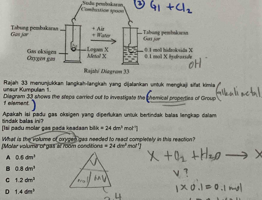 Sudu pembakaran
Rajah 33 menunjukkan langkah-langkah yang dijalankan untuk mengkaji sifat kimia
unsur Kumpulan 1.
Diagram 33 shows the steps carried out to investigate the chemical properties of Group
1 element.
Apakah isi padu gas oksigen yang diperlukan untuk bertindak balas lengkap dalam
tindak balas ini?
[Isi padu molar gas pada keadaan bilik =24dm^3 mot¹
What is the volume of oxygen gas needed to react completely in this reaction?
[Molar volume of gas at room conditions =24dm^3mol^(-1)]
A 0.6dm^3
B 0.8dm^3
C 1.2dm^3
D 1.4dm^3