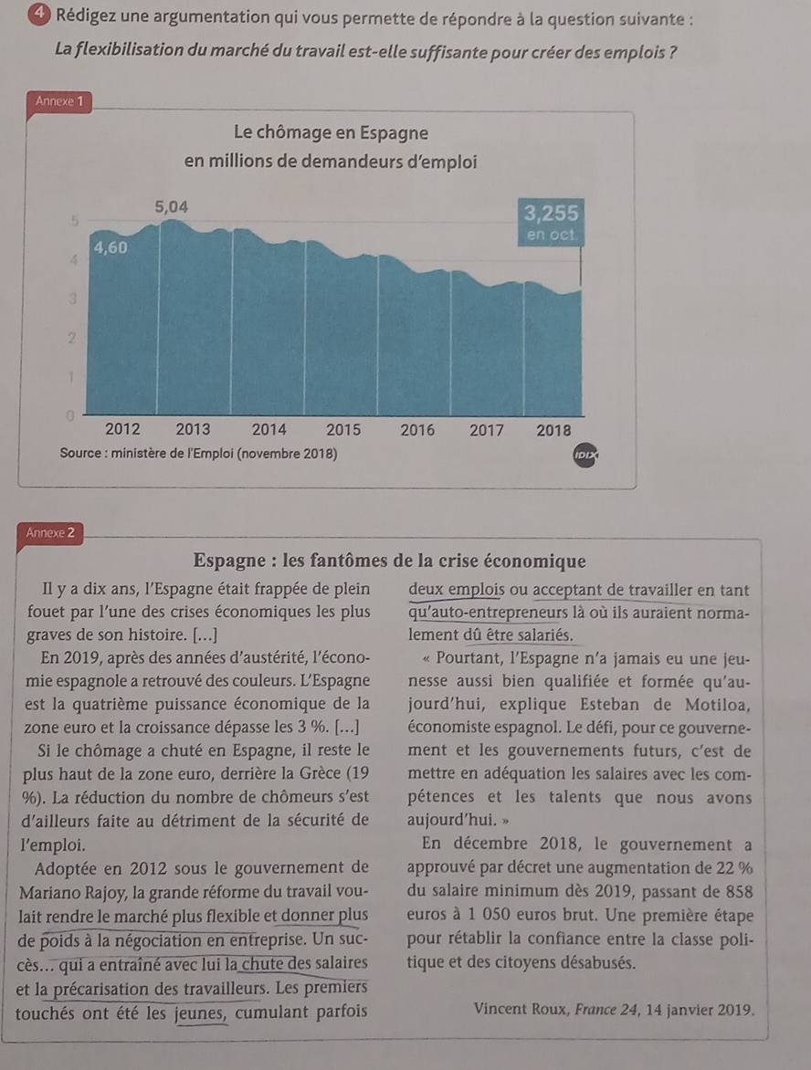 Rédigez une argumentation qui vous permette de répondre à la question suivante :
La flexibilisation du marché du travail est-elle suffisante pour créer des emplois ?
Annexe 1
Annexe 2
Espagne : les fantômes de la crise économique
Il y a dix ans, l'Espagne était frappée de plein deux emplois ou acceptant de travailler en tant
fouet par l'une des crises économiques les plus qu'auto-entrepreneurs là où ils auraient norma-
graves de son histoire. [..] lement dû être salariés.
En 2019, après des années d'austérité, l'écono-  « Pourtant, l'Espagne n'a jamais eu une jeu-
mie espagnole a retrouvé des couleurs. L’Espagne nesse aussi bien qualifiée et formée qu'au-
est la quatrième puissance économique de la jourd'hui, explique Esteban de Motiloa,
zone euro et la croissance dépasse les 3 %. […] économiste espagnol. Le défi, pour ce gouverne-
Si le chômage a chuté en Espagne, il reste le ment et les gouvernements futurs, c’est de
plus haut de la zone euro, derrière la Grèce (19 mettre en adéquation les salaires avec les com-
%). La réduction du nombre de chômeurs s'est pétences et les talents que nous avons
d'ailleurs faite au détriment de la sécurité de aujourd'hui. »
l’emploi. En décembre 2018, le gouvernement a
Adoptée en 2012 sous le gouvernement de approuvé par décret une augmentation de 22 %
Mariano Rajoy, la grande réforme du travail vou- du salaire minimum dès 2019, passant de 858
lait rendre le marché plus flexible et donner plus euros à 1 050 euros brut. Une première étape
de poids à la négociation en entreprise. Un suc- pour rétablir la confiance entre la classe poli-
cès... qui a entraîné avec lui la chute des salaires tique et des citoyens désabusés.
et la précarisation des travailleurs. Les premiers
touchés ont été les jeunes, cumulant parfois Vincent Roux, France 24, 14 janvier 2019.