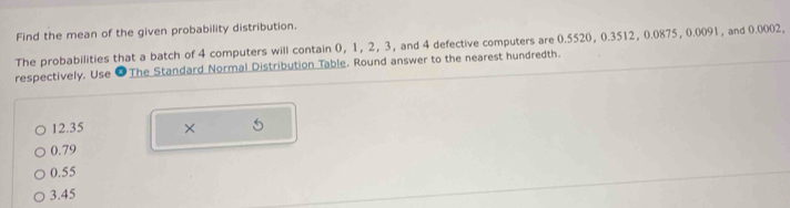 Find the mean of the given probability distribution.
The probabilities that a batch of 4 computers will contain 0, 1, 2, 3, and 4 defective computers are 0.5520, 0.3512, 0.0875, 0.0091, and 0.0002,
respectively. Use ●The Standard Normal Distribution Table. Round answer to the nearest hundredth.
12.35 × 5
0.79
0.55
3.45