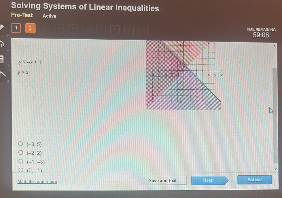 Solving Systems of Linear Inequalities
Pre-Test Active
1 2 ] n TIME REMAINING
59:08
y≤ -x+1
y>x
(-3,5)
(-2,2)
(-1,-3)
(0,-1)
Mark this and return Save and Exit Next Submit