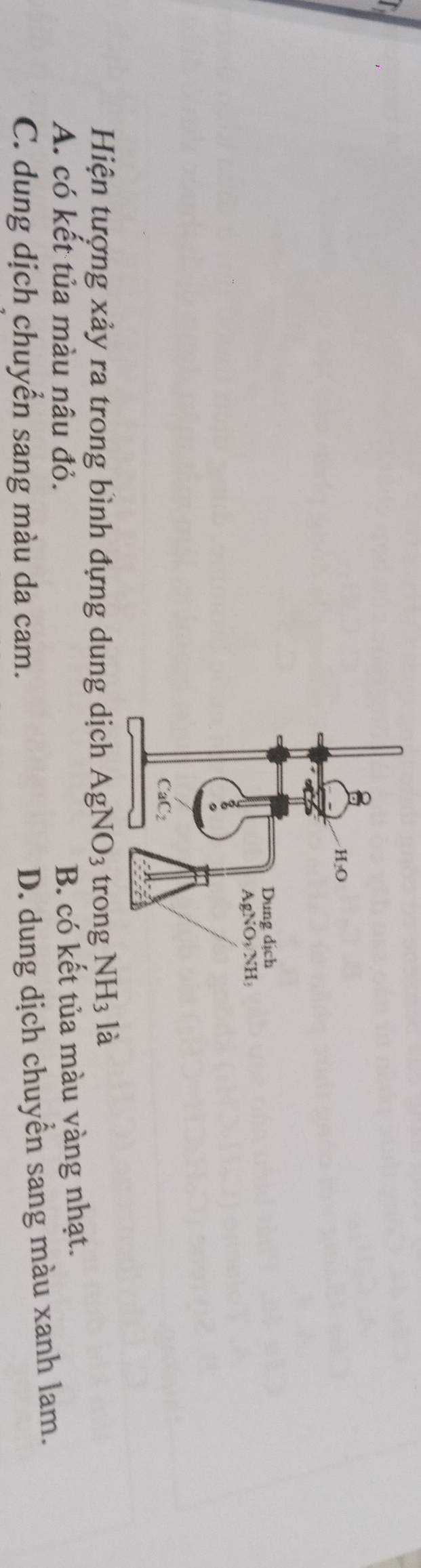 Hiện tượng xảy ra trong bình đựng dung dịch AgN O_3 trong NH_3 là
A. có kết tủa màu nâu đỏ.
B. có kết tủa màu vàng nhạt.
C. dung dịch chuyển sang màu da cam.
D. dung dịch chuyển sang màu xanh lam.