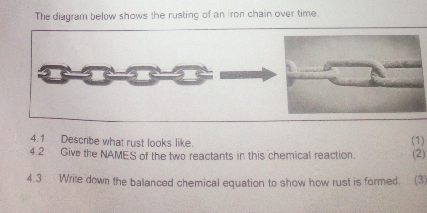 Solved: The diagram below shows the rusting of an iron chain over time ...