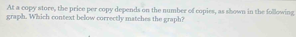 At a copy store, the price per copy depends on the number of copies, as shown in the following 
graph. Which context below correctly matches the graph?