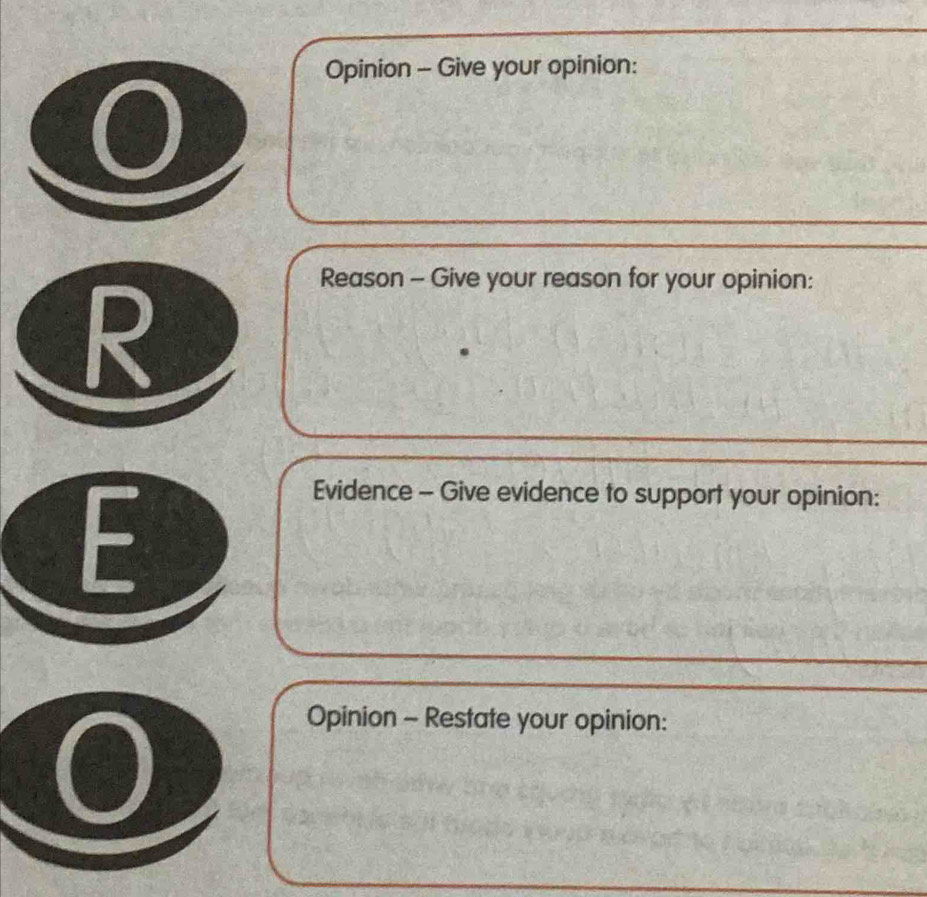 Opinion - Give your opinion: 
6 
R 
Reason - Give your reason for your opinion: 
F 
Evidence - Give evidence to support your opinion: 
Opinion - Restate your opinion: