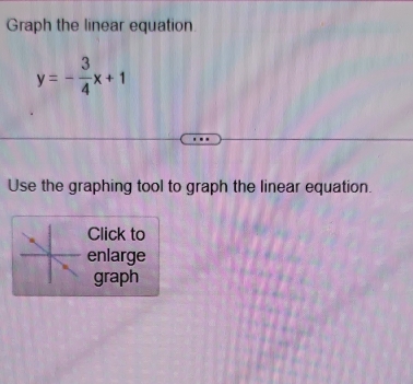 Graph the linear equation
y=- 3/4 x+1
Use the graphing tool to graph the linear equation. 
Click to 
enlarge 
graph