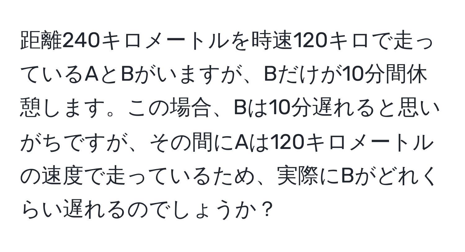 距離240キロメートルを時速120キロで走っているAとBがいますが、Bだけが10分間休憩します。この場合、Bは10分遅れると思いがちですが、その間にAは120キロメートルの速度で走っているため、実際にBがどれくらい遅れるのでしょうか？