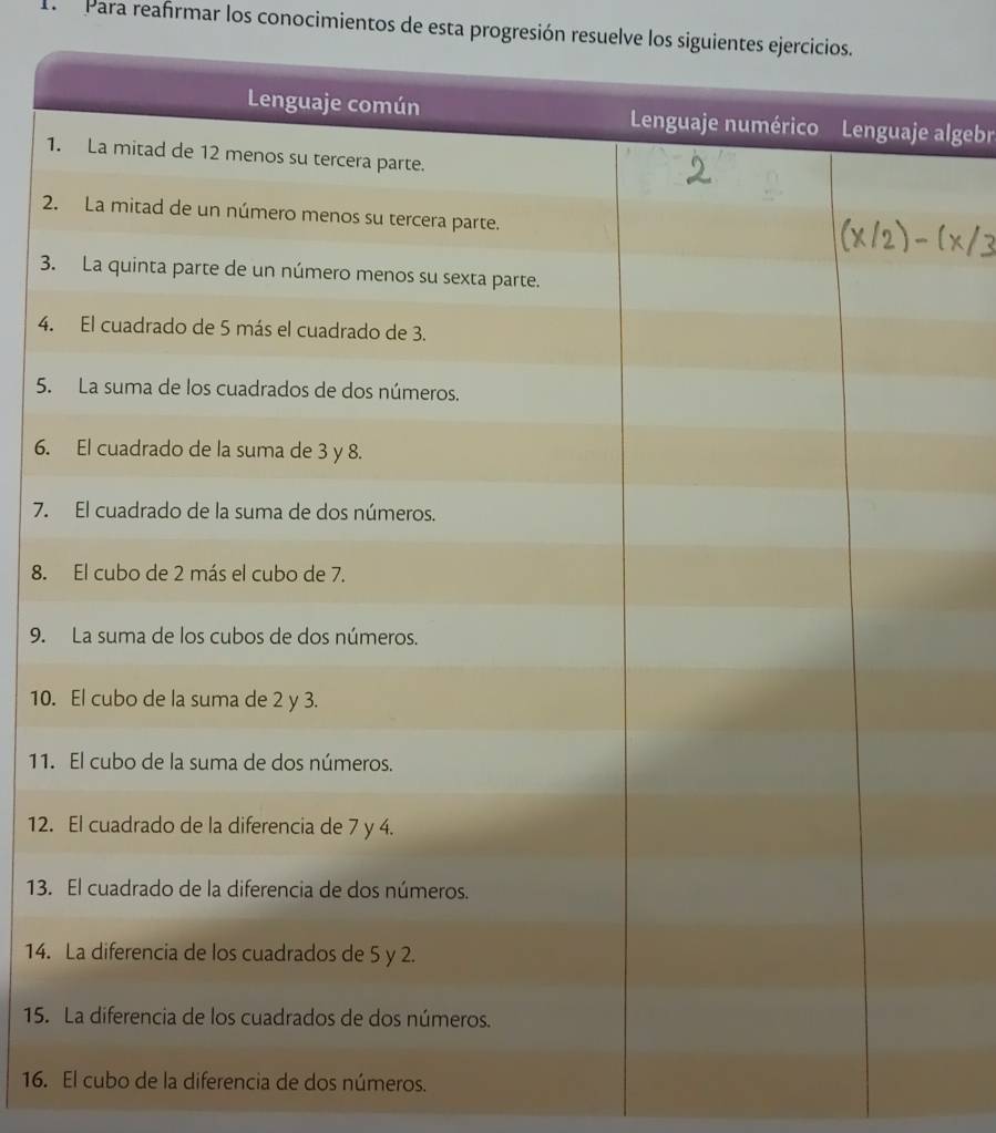 Para reafrmar los conocimientos de esta progresión resuelve los siguientes ejercicios. 
algebr 
1 
2 
3 
4. 
5. 
6. 
7. 
8. 
9. 
10. 
11. 
12. 
13. 
14. 
15. 
16. El cubo de la diferencia de dos números.