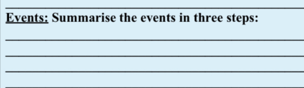 Events: Summarise the events in three steps: 
_ 
_ 
_