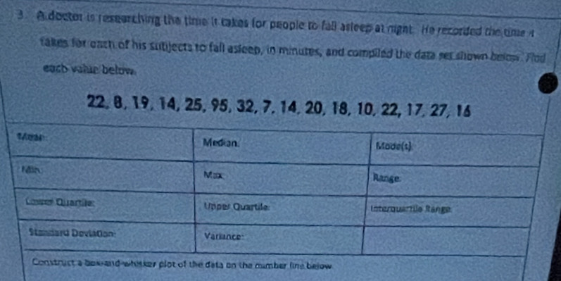 A doctor is resparching the time it takes for people to fall asleep at night. He recorded the time it 
takes for oach of his sutijects to fall asleep, in minutes, and compiled the data set shown below. Fod 
eash vahie below
22, 8, 19, 14, 25, 95, 32, 7, 14, 20, 18, 10, 22, 17, 27, 16