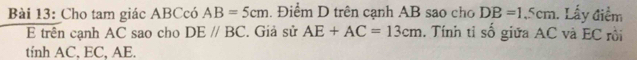 Cho tam giác ABCcó AB=5cm. Điểm D trên cạnh AB sao cho DB=1.5cm 1. Lấy điểm 
E trên cạnh AC sao cho DEparallel BC. Giả sử AE+AC=13cm. Tính tỉ số giữa AC và EC rồi 
tính AC, EC, AE.