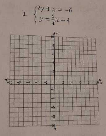 beginarrayl 2y+x=-6 y= 5/4 x+4endarray.
x