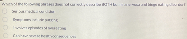 Which of the following phrases does not correctly describe BOTH bulimia nervosa and binge eating disorder?
Serious medical condition
Symptoms include purging
Involves episodes of overeating
Can have severe health consequences