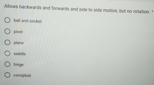 Allows backwards and forwards and side to side motion, but no rotation. *
ball and socket
pivot
plane
saddle
hinge
condyloid