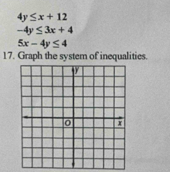 4y≤ x+12
-4y≤ 3x+4
5x-4y≤ 4
17. Graph the system of inequalities.