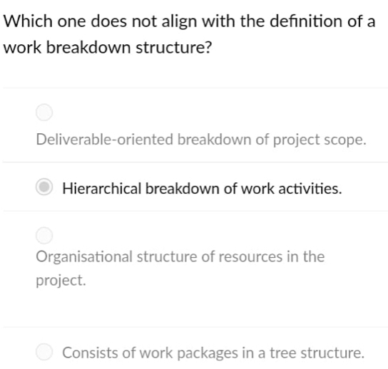 Which one does not align with the defnition of a
work breakdown structure?
Deliverable-oriented breakdown of project scope.
Hierarchical breakdown of work activities.
Organisational structure of resources in the
project.
Consists of work packages in a tree structure.