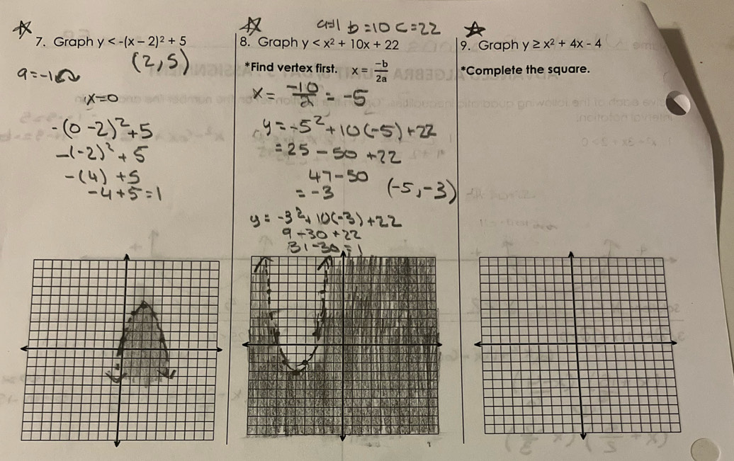 Graph y<-(x-2)^2+5 8. Graph y 9. Graph y≥ x^2+4x-4
*Find vertex first. x= (-b)/2a  *Complete the square.