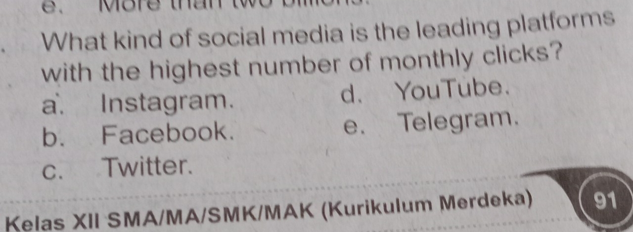 More than 
What kind of social media is the leading platforms
with the highest number of monthly clicks?
a. Instagram. d. YouTube.
b. Facebook. e. Telegram.
c. Twitter.
Kelas XII SMA/MA/SMK/MAK (Kurikulum Merdeka)
91