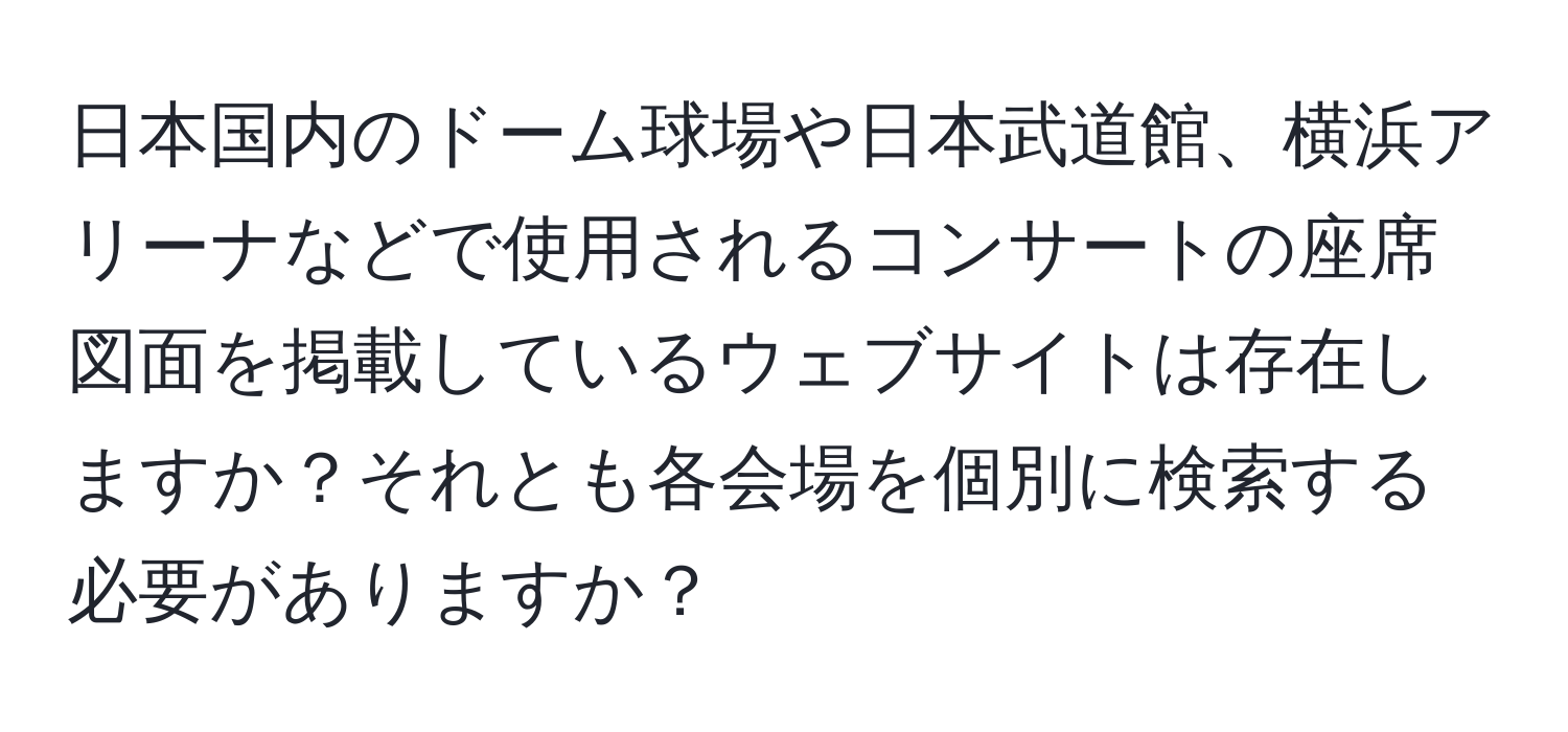 日本国内のドーム球場や日本武道館、横浜アリーナなどで使用されるコンサートの座席図面を掲載しているウェブサイトは存在しますか？それとも各会場を個別に検索する必要がありますか？