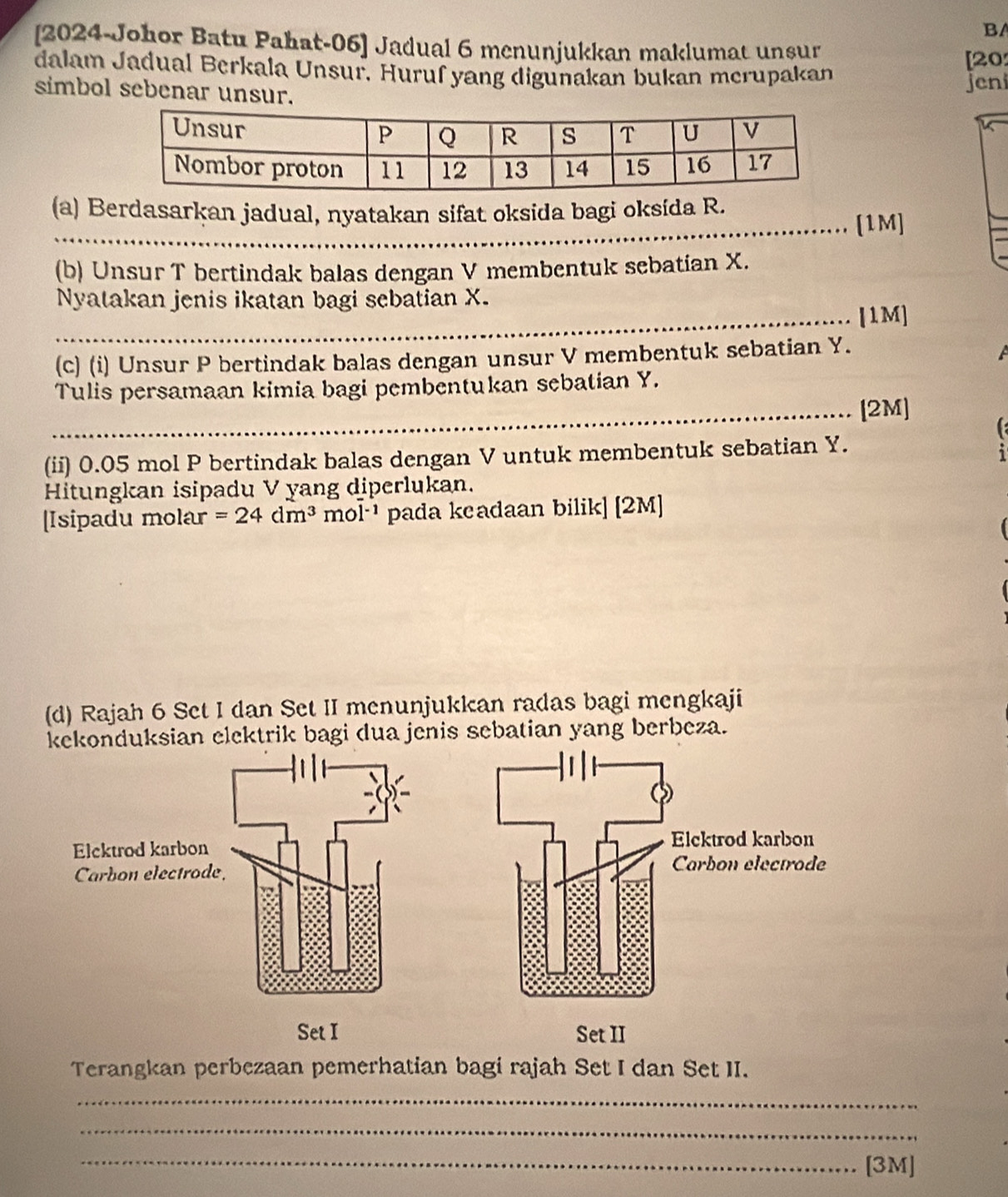 B/ 
[2024-Johor Batu Pahat-06] Jadual 6 menunjukkan maklumat unsur 
dalam Jadual Berkala Unsur. Huruf yang digunakan bukan merupakan 
[20 
simbol sebenar unsur. jeni 
(a) Berdasarkan jadual, nyatakan sifat oksida bagi oksída R. 
_[1M] 
(b) Unsur T bertindak balas dengan V membentuk sebatian X. 
Nyatakan jenis ikatan bagi sebatian X. 
_[1M] 
(c) (i) Unsur P bertindak balas dengan unsur V membentuk sebatian Y. 
Tulis persamaan kimia bagi pembentukan sebatian Y. 
_[2M] 
(ii) 0.05 mol P bertindak balas dengan V untuk membentuk sebatian Y. 
Hitungkan isipadu V yang diperlukan. 
[Isipadu molar =24dm^3 m Ol^(-1) pada keadaan bilik] [2M] 
(d) Rajah 6 Set I dan Set II menunjukkan radas bagi mengkaji 
kekonduksian elektrik bagi dua jenis sebatian yang berbeza. 
Terangkan perbezaan pemerhatian bagi rajah Set I dan Set II. 
_ 
_ 
_[3M]
