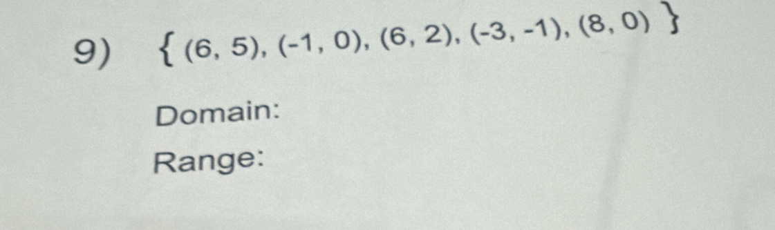  (6,5),(-1,0),(6,2),(-3,-1),(8,0)
Domain: 
Range: