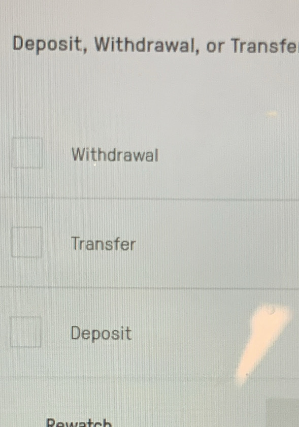 Deposit, Withdrawal, or Transfe
Withdrawal
Transfer
Deposit
Dewatch