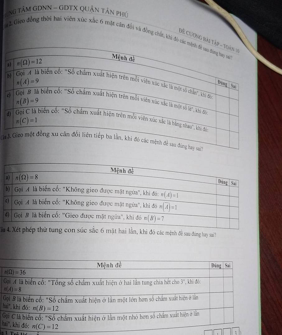 HUNG TÂM GDNN - GDTX QUẬN TÂN Phú
2.Gieo đồng thời hai viên xúc xắc 6 mặt cân đối và đồng chất, khi đó 
ĐÊ CươNG BẢI
Ci
Xấhai lần, khi đó các mệnh đề sau đúng hay sai?
h
 
h
in 3Tx^211 3