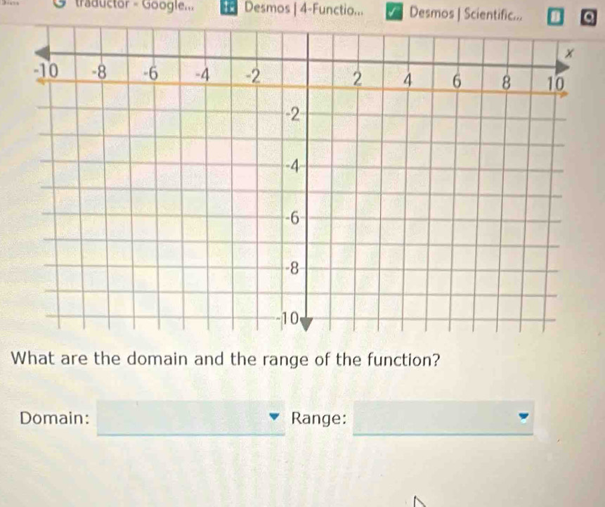 traductor - Google... 1 Desmos | 4-Functio... Desmos | Scientific... a
x
10 -8 -6 -4 -2 2 4 6 8 10
-2
-4
-6
-8
10
What are the domain and the range of the function?
_
Domain: Range: