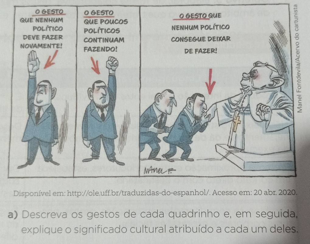 Descreva os gestos de cada quadrinho e, em seguida, 
explique o significado cultural atribuído a cada um deles.