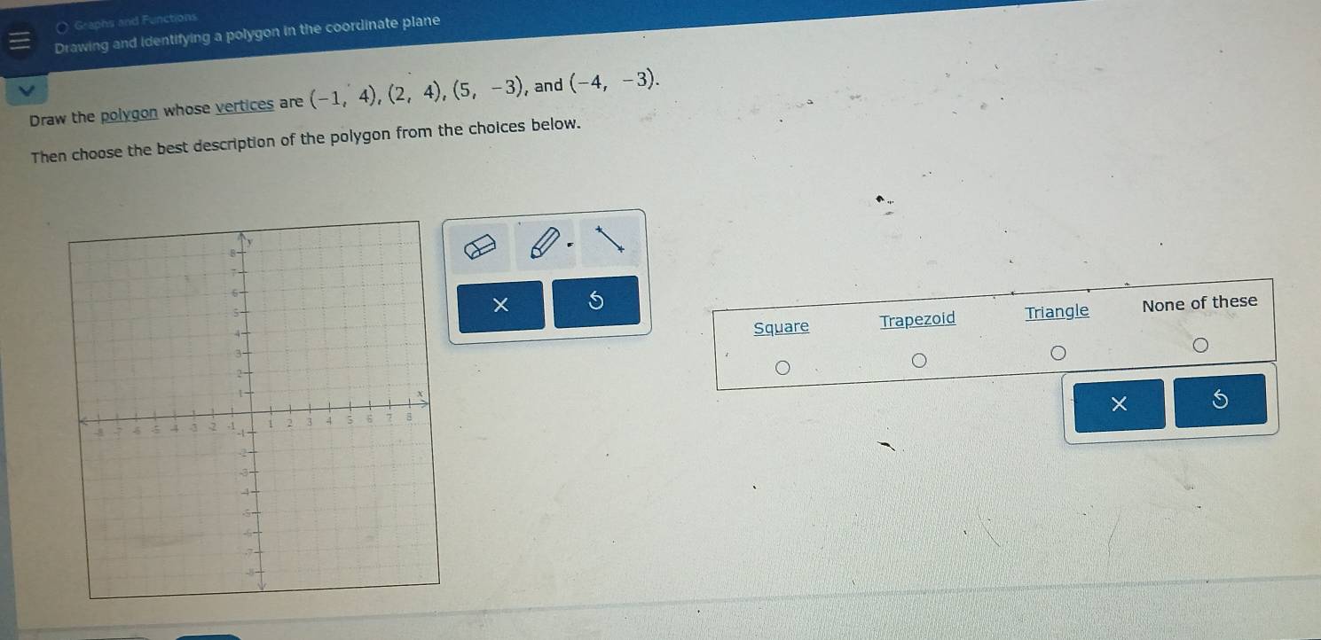 ( Graphs and Functions
Drawing and identifying a polygon in the coordinate plane
Draw the polygon whose vertices are (-1,4), (2,4), (5,-3) , and (-4,-3). 
Then choose the best description of the polygon from the choices below.
× 5
Square Trapezoid Triangle None of these
×