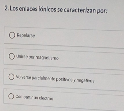 Los enlaces iónicos se caracterizan por:
Repelarse
Unirse por magnetismo
Volverse parcialmente positivos y negativos
Compartir un electrón