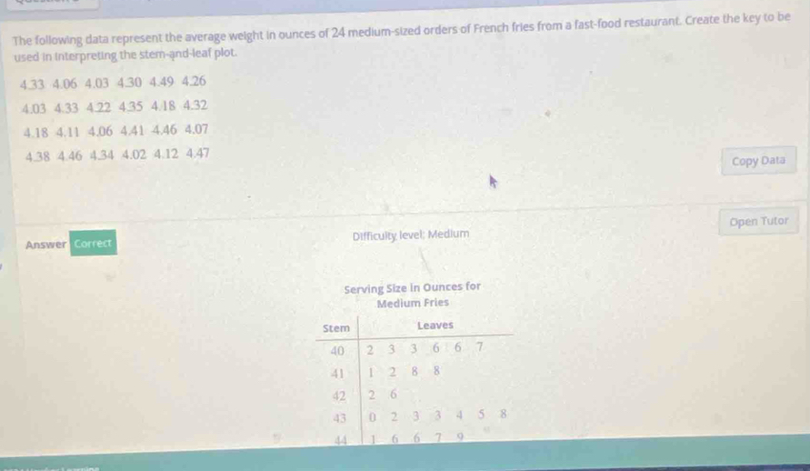 The following data represent the average weight in ounces of 24 medium-sized orders of French fries from a fast-food restaurant. Create the key to be 
used in interpreting the stem-and-leaf plot.
4.33 4.06 4.03 4.30 4.49 4.26
4.03 4.33 4.22 4.35 4.18 4.32
4.18 4.11 4.06 4.41 4.46 4.07
4.38 4.46 4.34 4.02 4.12 4.47
Copy Data 
Answer Correct Difficulty level: Medium Open Tutor 
Serving Size in Ounces for 
Medium Fries 
Stem Leaves
40 2 3 3 6 6 7
41 1 2 8 8
42 2 .6
43 0 2 3 3 4 5 8
44 1 6 6 7 9