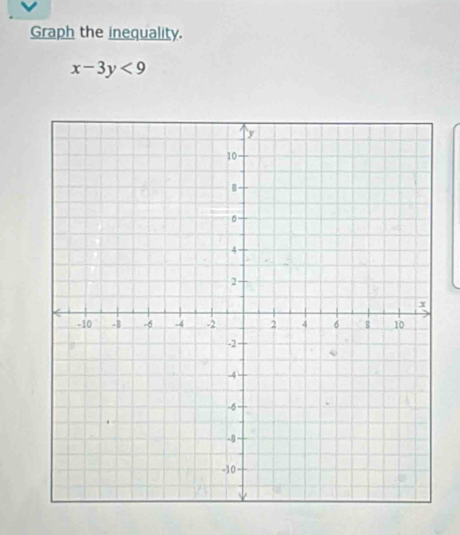 Graph the inequality.
x-3y<9</tex>