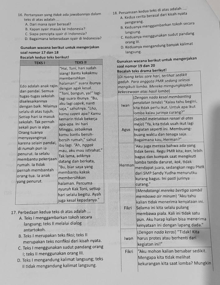 Pertanyaan yang tidok ada jawabannya dalam 18. Persamaan kedua teks di atas adalah ...
teks di atas adalah ...
A. Kedua cerita berasal dari kisah nyata
A. Dari mana syair berasal? pengarang.
B. Kapan syair masuk ke Indonesia?
B. Keduanya menggambarkan tokoh secara
C. Siapa pencipta syair di Indonesia? langsung.
D. Bagaimana keberadaan syair di Indonesia? C. Keduanya menggunakan sudut pandang
orang III.
Gunakan wacana berikut untuk mengerjakan D. Keduanya mengandung banyak kalimat
soal nomor 17 dan 18 langsung
Gunakan wacana berikut untuk mengerjakan
s
B



















17. Perbedaan kedua teks di atas adalah ...
A. Teks I menggambarkan tokoh secara 
Iangsung; teks II melalui dialog 
antartokoh.
B. Teks I merupakan teks fiksi; teks II 
merupakan teks nonfiksi dari kisah nyata.
C. Teks I menggunakan sudut pandang orang
I; teks II menggunakan orang III.
D. Teks I mengandung kalimat langsung; teks
II tidak mengandung kalimat langsung. n