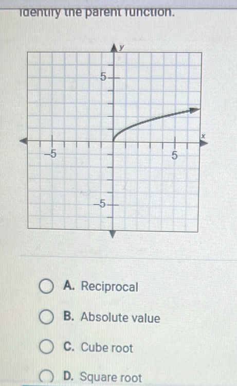 identiry the parent runction.
A. Reciprocal
B. Absolute value
C. Cube root
D. Square root