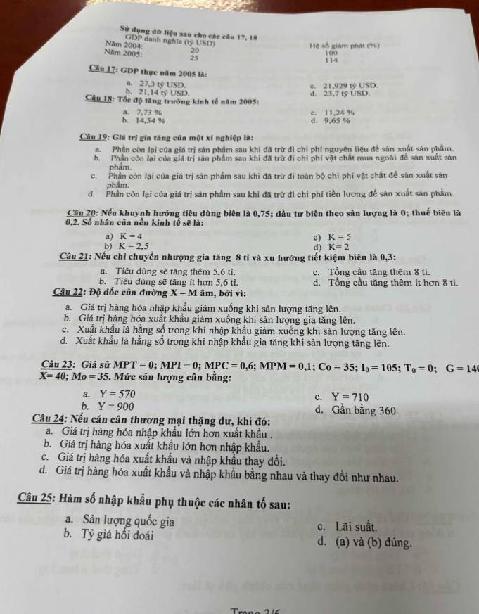 Sử dụng dữ liệu sau cho các câu 17, 18
Năm 2004: danh nghĩa (tỷ USD) Hệ số giám phát (%)
GDP 100
20
Năm 2005: 25
1 14
Câu 17: GDP thực năm 2005 là:
a. 27,3 tỷ USD. c. 21,929 tỷ USD.
b. 21,14 tỷ USD.
Câu 18: Tốc độ tăng trưởng kinh tế năm 2005: d. 23,7 tỷ USD.
a. 7,73 % c. 11.24 %
b. 14,54 % d. 9,65 %
Câu 19: Giá trị gia tăng của một xỉ nghiệp là:
a. Phần còn lại của giá trị sản phẩm sau khi đã trừ đi chi phí nguyên liệu đề sản xuất sản phẩm.
b. Phần còn lại của giá trị sản phẩm sau khi đã trừ đi chỉ phí vật chất mua ngoài đề sân xuất sản
phẩm.
c. Phần còn lại của giá trị sản phẩm sau khi đã trừ đi toàn bộ chi phí vật chất để sản xuất sản
phẩm.
d. Phần còn lại của giá trị sân phẩm sau khi đã trừ đi chi phí tiền lương đề sản xuất sân phẩm.
Cầu 20: Nếu khuynh hướng tiêu dùng biên là 0,75; đầu tư biên theo sản lượng là 0; thuế biên là
0,2. Số nhân của nền kinh tế sẽ là:
a) K=4 c) K=5
b) K=2,5 d) K=2
Câu 21: Nếu chỉ chuyển nhượng gia tăng 8 tỉ và xu hướng tiết kiệm biên là 0,3:
a. Tiêu dùng sẽ tăng thêm 5,6 ti. c. Tổng cầu tăng thêm 8 ti.
b. Tiêu dùng sẽ tăng ít hơn 5,6 tì. d. Tổng cầu tăng thêm it hơn 8 ti.
Câu 22: Độ đốc của đường X-M âm, bởi vì:
a. Giá trị hàng hóa nhập khẩu giảm xuống khi sản lượng tăng lên.
b. Giá trị hàng hóa xuất khẩu giảm xuống khi sản lượng gia tăng lên.
c. Xuất khẩu là hằng số trong khi nhập khẩu giảm xuống khi sản lượng tăng lên.
d. Xuất khẩu là hằng số trong khi nhập khầu gia tăng khi sản lượng tăng lên.
Câu 23: Giả sử MPT=0;MPI=0;MPC=0,6;MPM=0,1;Co=35;I_0=105;T_0=0;G=14
X=40;Mo=35. Mức sản lượng cân bằng:
a. Y=570
c. Y=710
b. Y=900 d. Gần bằng 360
Câu 24: Nếu cán cân thương mại thặng dư, khi đó:
a. Giá trị hàng hóa nhập khẩu lớn hơn xuất khẩu .
b. Giá trị hàng hóa xuất khẩu lớn hơn nhập khẩu.
c. Giá trị hàng hóa xuất khẩu và nhập khẩu thay đồi.
d. Giá trị hàng hóa xuất khẩu và nhập khẩu bằng nhau và thay đổi như nhau.
Câu 25: Hàm số nhập khẩu phụ thuộc các nhân tố sau:
a. Sản lượng quốc gia c. Lãi suất.
b. Tỷ giá hối đoái d. (a) và (b) đúng.