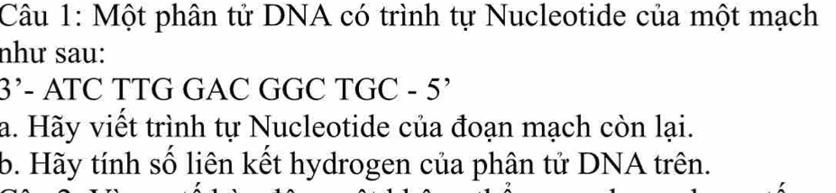 Một phân tử DNA có trình tự Nucleotide của một mạch 
như sau: 
3’- ATC TTG GAC GGC TGC - 5’ 
a. Hãy viết trình tự Nucleotide của đoạn mạch còn lại. 
b. Hãy tính số liên kết hydrogen của phân tử DNA trên.