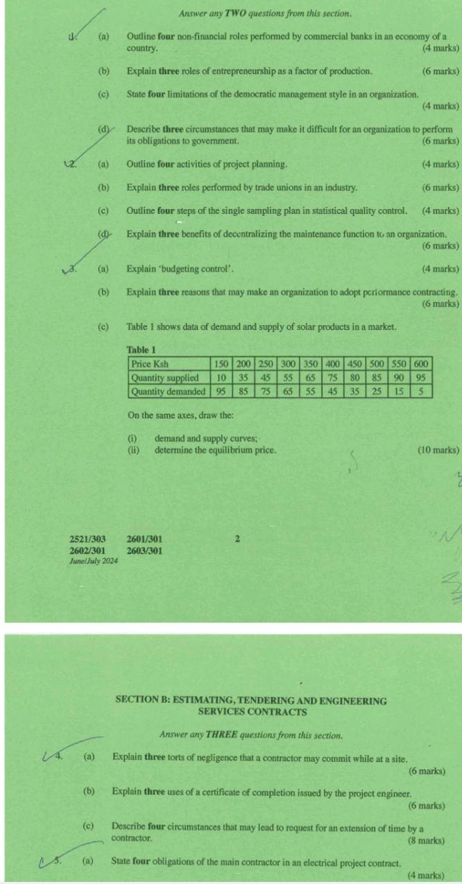 Answer any TWO questions from this section. 
(a) Outline four non-financial roles performed by commercial banks in an economy of a 
country. (4 marks) 
(b) Explain three roles of entrepreneurship as a factor of production. (6 marks) 
(c) State four limitations of the democratic management style in an organization. 
(4 marks) 
(d) Describe three circumstances that may make it difficult for an organization to perform 
its obligations to government. (6 marks) 
L2. (a) Outline four activities of project planning. (4 marks) 
(b) Explain three roles performed by trade unions in an industry. (6 marks) 
(c) Outline four steps of the single sampling plan in statistical quality control. (4 marks) 
(d) Explain three benefits of decentralizing the maintenance function to an organization. 
(6 marks) 
3. (a) Explain ‘budgeting control’. (4 marks) 
(b) Explain three reasons that may make an organization to adopt performance contracting. 
(6 marks) 
(c) Table 1 shows data of demand and supply of solar products in a market. 
On the same axes, draw the: 
(i) demand and supply curves; 
(ii) determine the equilibrium price. (10 marks) 
2521/303 2601/301 2 
2602/301 2603/301 
June/July 2024 
SECTION B: ESTIMATING, TENDERING AND ENGINEERING 
SERVICES CONTRACTS 
Answer any THREE questions from this section. 
4. (a) Explain three torts of negligence that a contractor may commit while at a site. 
(6 marks) 
(b) Explain three uses of a certificate of completion issued by the project engineer. 
(6 marks) 
(c) Describe four circumstances that may lead to request for an extension of time by a 
contractor. (8 marks) 
5. (a) State four obligations of the main contractor in an electrical project contract. 
(4 marks)