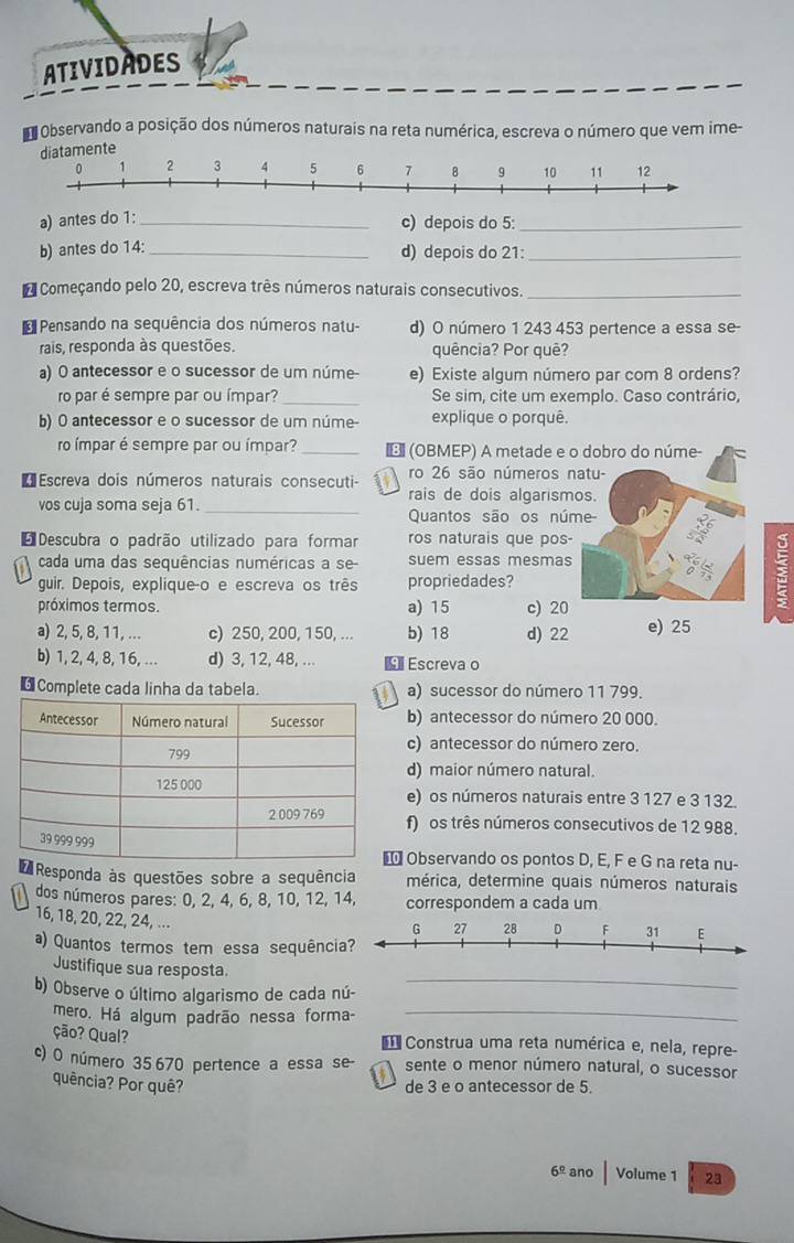 ATIVIDADES
Observando a posição dos números naturais na reta numérica, escreva o número que vem ime-
a) antes do 1:_
c) depois do 5:_
b) antes do 14:_
d) depois do 21:_
* Começando pelo 20, escreva três números naturais consecutivos._
* Pensando na sequência dos números natu- d) O número 1 243 453 pertence a essa se-
rais, responda às questões. quência? Por quê?
a) O antecessor e o sucessor de um núme- e) Existe algum número par com 8 ordens?
ro par é sempre par ou ímpar? _Se sim, cite um exemplo. Caso contrário,
b) 0 antecessor e o sucessor de um núme- explique o porquê.
ro ímpar é sempre par ou ímpar? _ξ (OBMEP) A metade e 
ro 26 são números 
* Escreva dois números naturais consecuti- rais de dois algarism
vos cuja soma seja 61._
Quantos são os nú
Descubra o padrão utilizado para formar ros naturais que pos
cada uma das sequências numéricas a se- suem essas mesmas
guir. Depois, expliqueão e escreva os três propriedades?
próximos termos. a) 15 c) 20
;
a) 2, 5, 8, 11, ... c) 250, 200, 150, ... b) 18 d) 22 e) 25
b) 1, 2, 4, 8, 1 6, ... d) 3, 12, 48, ...  Escreva o
€ Complete cada linha da tabela.  a) sucessor do número 11 799.
b) antecessor do número 20 000.
c) antecessor do número zero.
d) maior número natural.
e) os números naturais entre 3 127 e 3 132.
f) os três números consecutivos de 12 988.
Observando os pontos D, E, F e G na reta nu-
Responda às questões sobre a sequência mérica, determine quais números naturais
dos números pares: 0, 2, 4, 6, 8, 10, 12, 14, correspondem a cada um
16, 18, 20, 22, 24, ...
a) Quantos termos tem essa sequênci
_
Justifique sua resposta.
b) Observe o último algarismo de cada nú-
mero. Há algum padrão nessa forma-_
ção? Qual? *Construa uma reta numérica e, nela, repre-
c) O número 35 670 pertence a essa se- sente o menor número natural, o sucessor
a
quência? Por quê?
de 3 e o antecessor de 5.
6^(_ circ) ano Volume 1 23