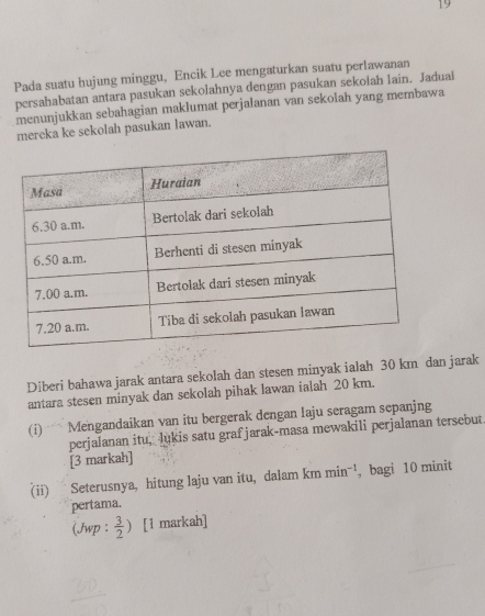 Pada suatu hujung minggu, Encik Lee mengaturkan suatu perlawanan 
persahabatan antara pasukan sekolahnya dengan pasukan sekoiah lain. Jadual 
menunjukkan sebahagian maklumat perjalanan van sekolah yang membawa 
mereka ke sekolah pasukan lawan. 
Diberi bahawa jarak antara sekolah dan ste sen minyak ialah 30 km dan jarak 
antara stesen minyak dan sekolah pihak lawan ialah 20 km. 
(i) Mengandaikan van itu bergerak dengan laju seragam sepanjng 
perjalanan itu, lukis satu grafjarak-masa mewakili perjalanan tersebut. 
[3 markah] 
(ii) Seterusnya, hitung laju van itu, dalam km min^(-1) ,bagi 10 minit
pertama. 
(Jwp :  3/2 ) [1 markah]