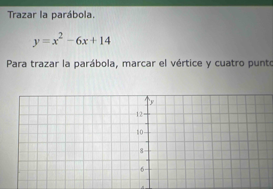 Trazar la parábola.
y=x^2-6x+14
Para trazar la parábola, marcar el vértice y cuatro punto 
A